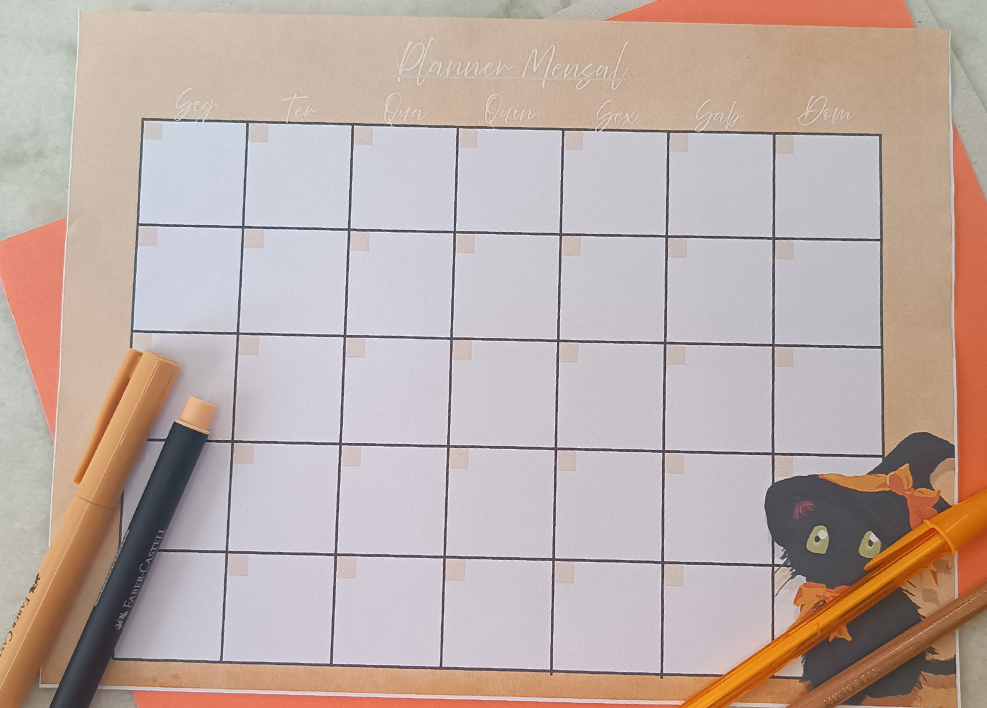 Planner Mensal gatinhos bruxos para pessoas organizadas e criativas laranja