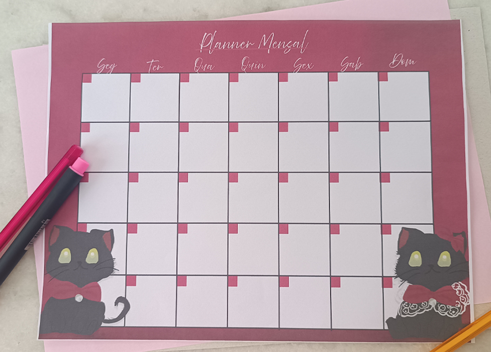 Planner Mensal Gatinhos Fofos para pessoas organizadas e criativas vermelho