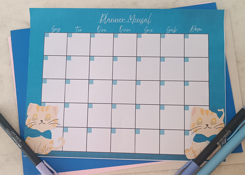 Planner Mensal Gatinhos Fofos para pessoas organizadas e criativas azul