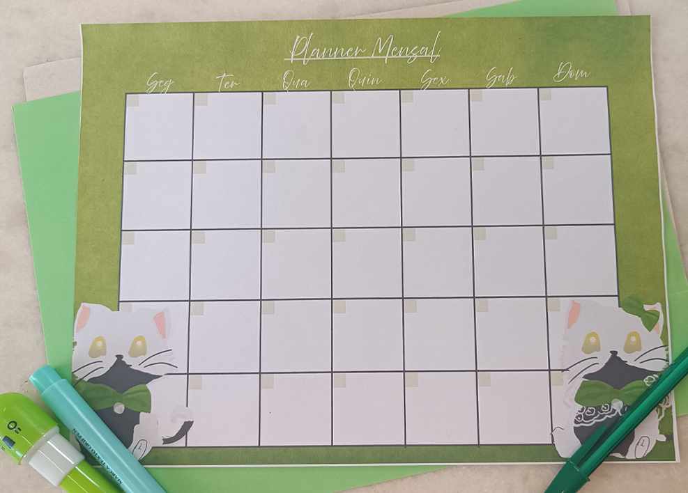 Planner Mensal Gatinhos Fofos para pessoas organizadas e criativas verde